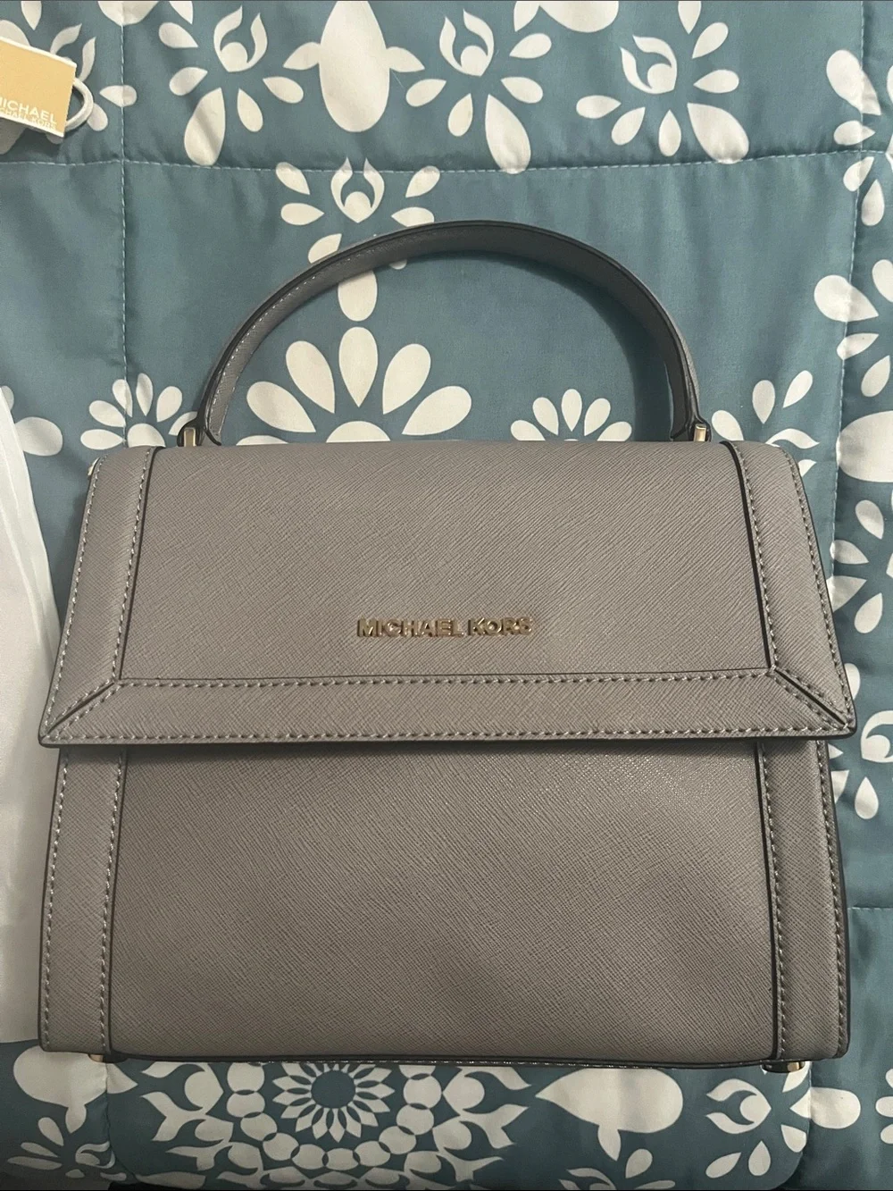 Michael Kors Gray Saffiano Leather Top-Handle Satchel with Gold Logo